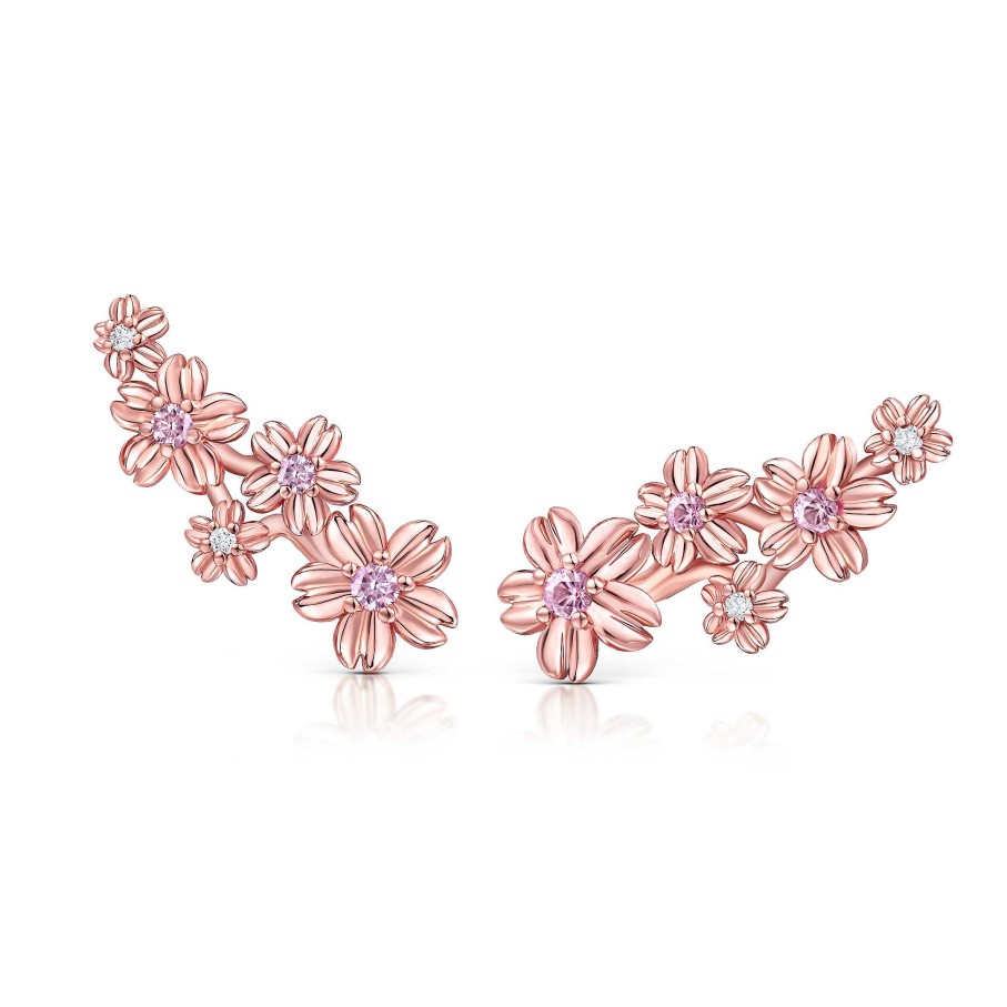 Pendientes Mumit | Pendientes Trepadores Sakura De Zafiros Rosas Y Diamantes En Oro Rosa De 18 Kt