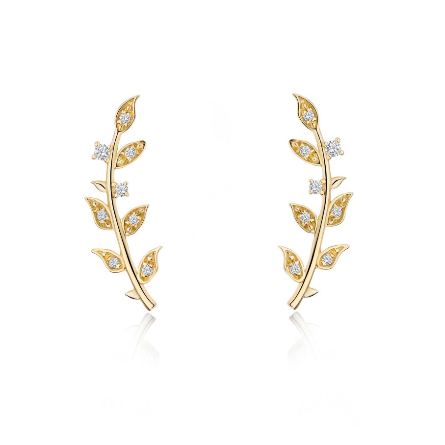 Pendientes Mumit | Pendientes Trepadores Leaves De Topacios Blancos En Oro Amarillo De 18 Kt