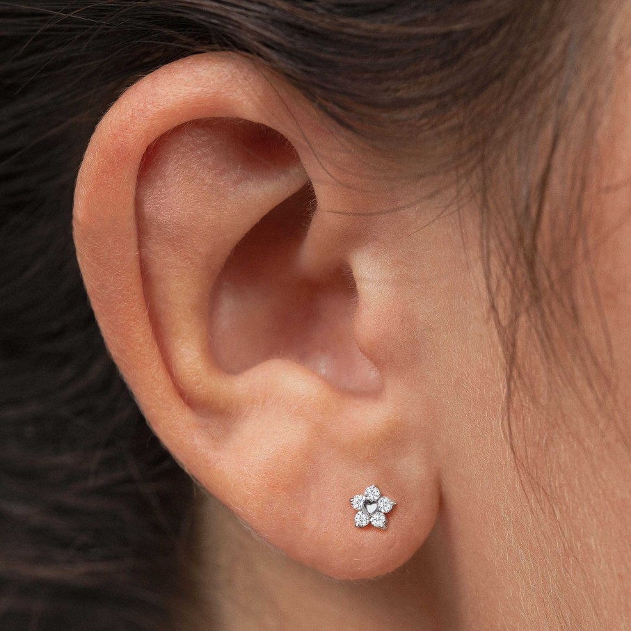 Piercings Mumit | Pendiente Piercing Flor Diamantes En Oro Blanco De 18 Kt