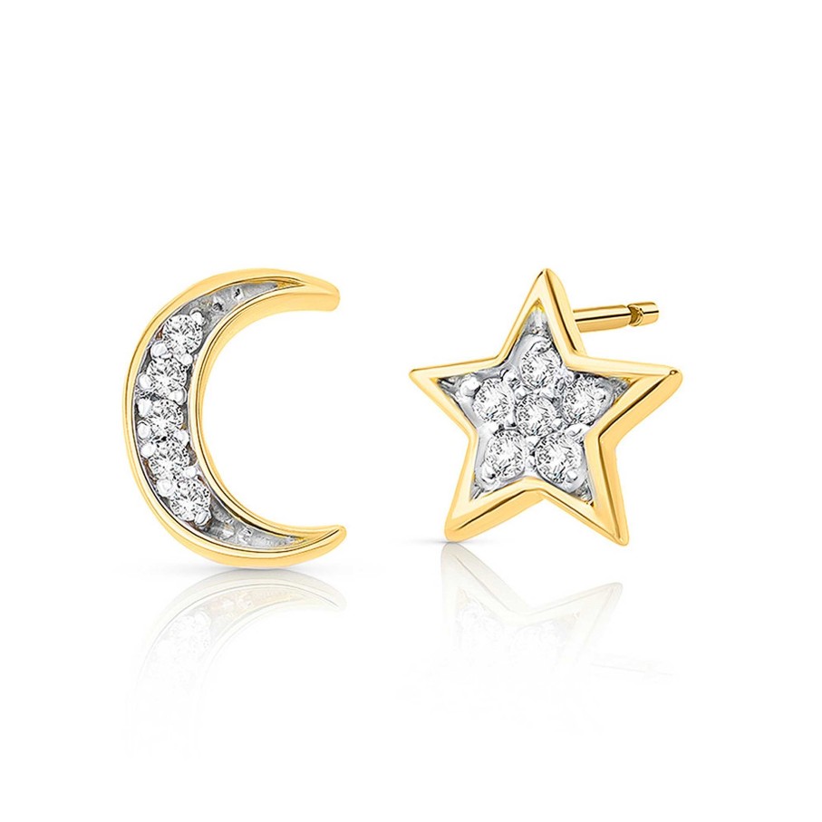 Pendientes Mumit | Pendientes Petite Diamonds Moon & Star En Oro Amarillo De 18 Kt