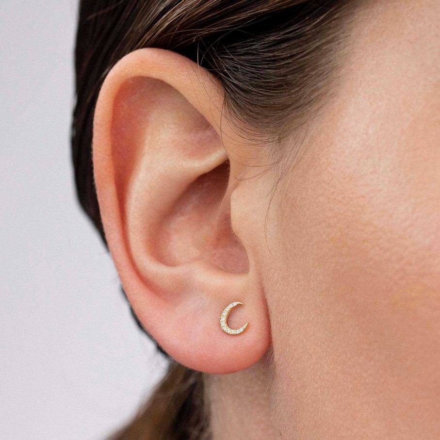 Piercings Mumit | Pendiente Piercing Luna Moon Diamonds En Oro Amarillo De 18 Kt