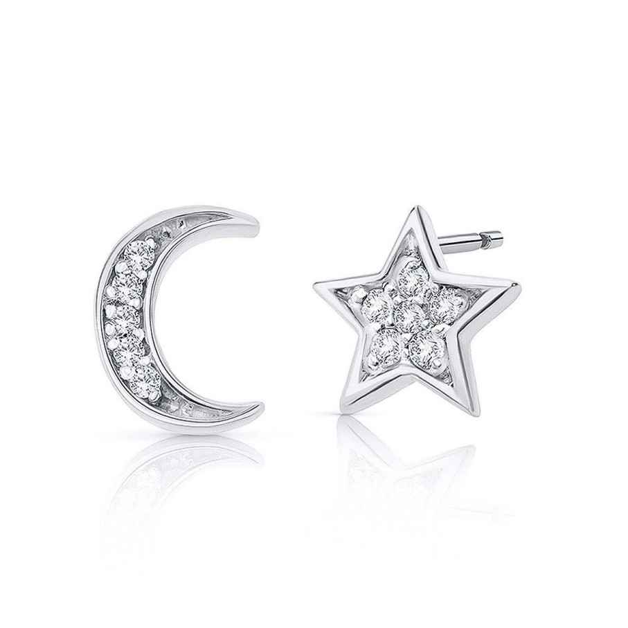 Pendientes Mumit | Pendientes Petite Diamonds Moon & Star En Oro Blanco De 18 Kt