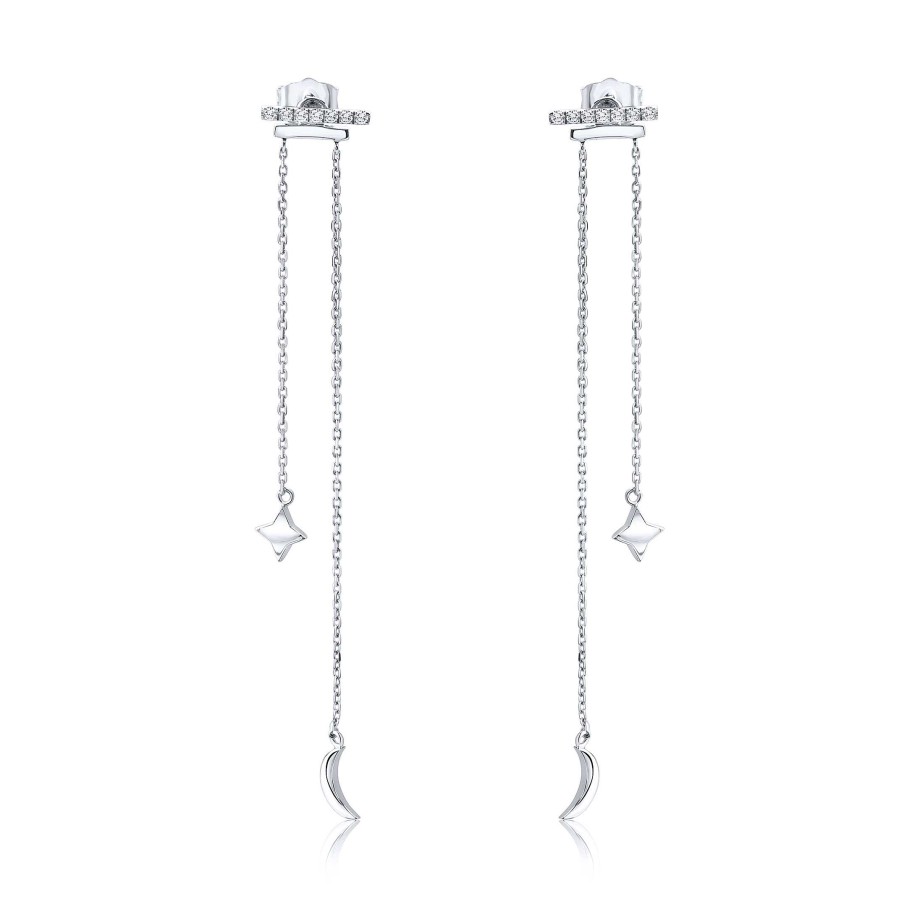 Pendientes Mumit | Pendientes Petite Diamonds Luna Y Estrella En Oro Blanco 18 Kt