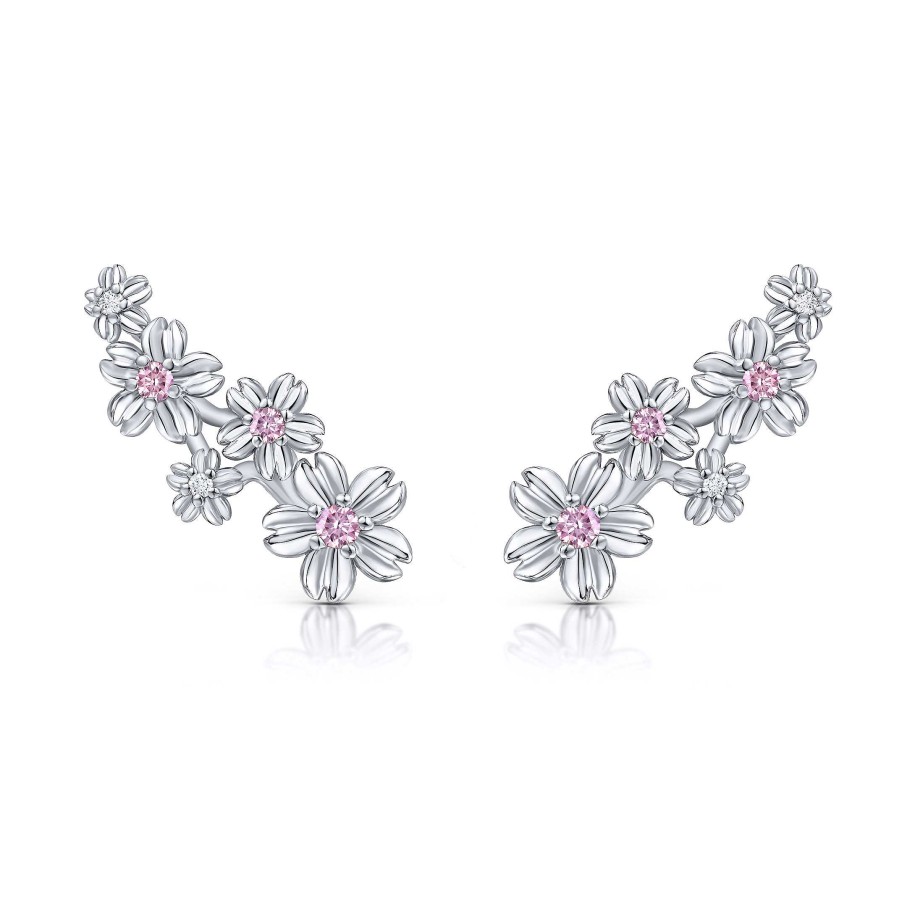 Pendientes Mumit | Pendientes Trepadores Sakura De Zafiros Rosas Y Diamantes En Oro Blanco De 18 Kt